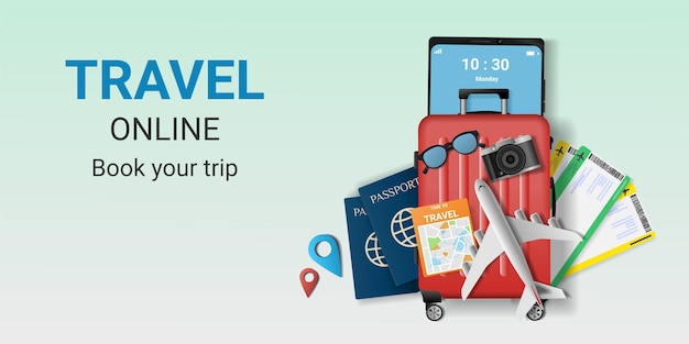 Travel Online booking service app on the smartphone Travel online ticket Trip planningTravel to World travel equipment and luggage Concept for website or mobile app vector illustration
