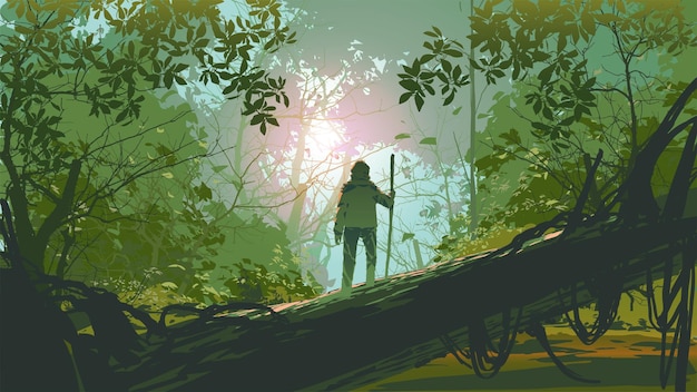 traveler standing on a fallen tree in the forest, vector illustration