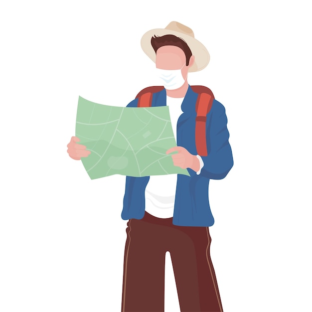 Travelling man with mask and map in period quarantine and coronavirus