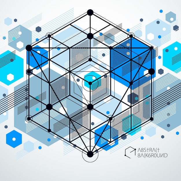 trend isometric geometric pattern blue background with bright blocks and cubes. technical plan can be used in web design and as wallpaper or background. perfect background for your design projects.