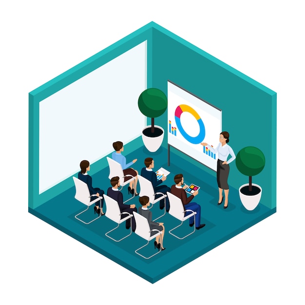 Trend isometric people, training room rear view, coachers, training, lecture, meeting, brainstorm, businessmen and businesswoman in suits isolated. Vector illustration