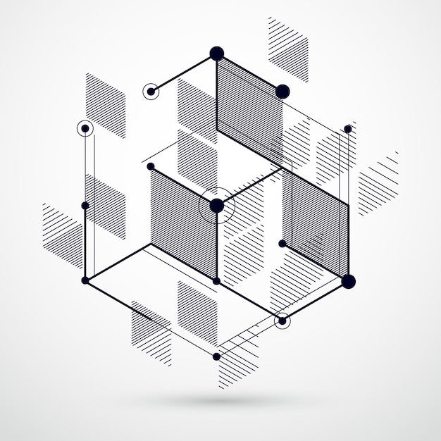 Trendy geometric vector pattern, textured abstract cube mesh black and white background. Technical plan, abstract engineering draft for use in graphic and web design.