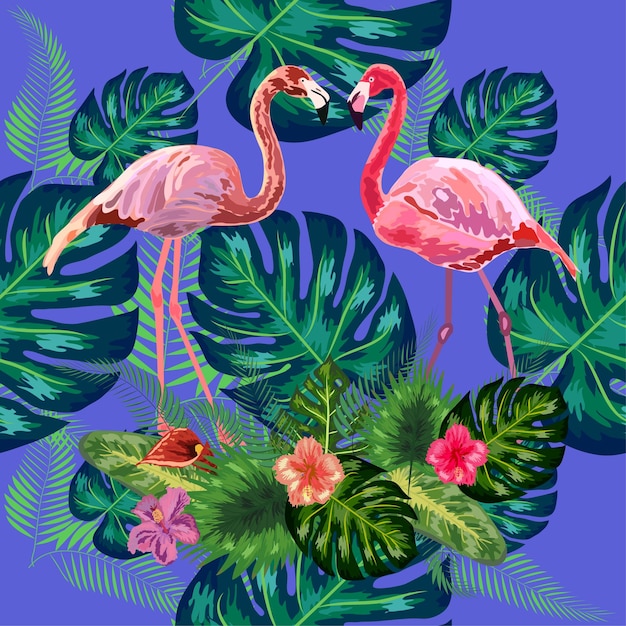 trendy seamless pattern pink flamingo birds couple bright camelia flowers tropical monstera green leaves