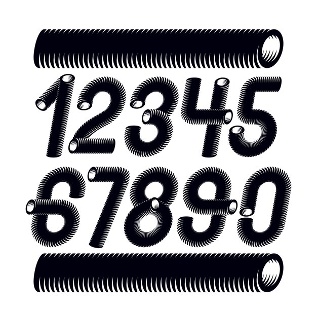 trendy vector numerals collection. modern funky italic numbers from 0 to 9 best for use in logo, poster creation. created using dimensional vacuum pipe style.