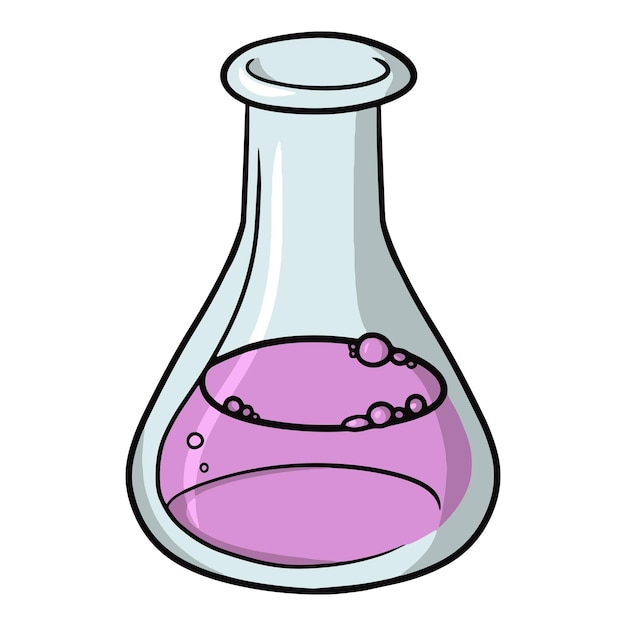 Triangular glass flask with pink solution for experiments vector cartoon illustration