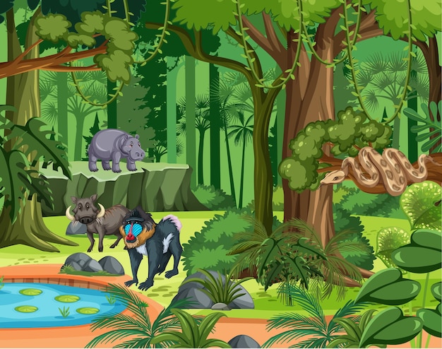 tropical rainforest scene with various wild animals