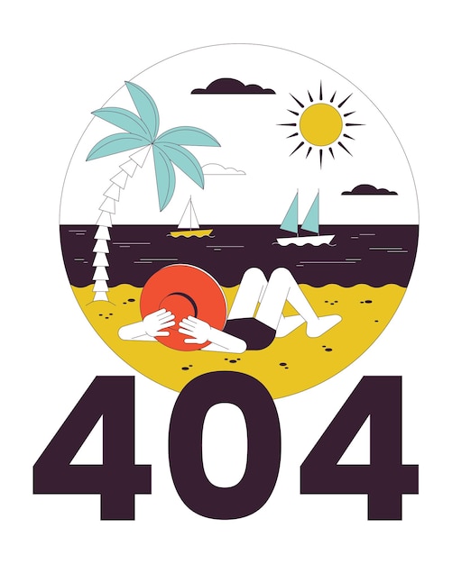 Tropical vacation error 404 flash message Hat woman in bikini on beach Summertime Empty state ui design Page not found popup cartoon image Vector flat illustration concept on white background