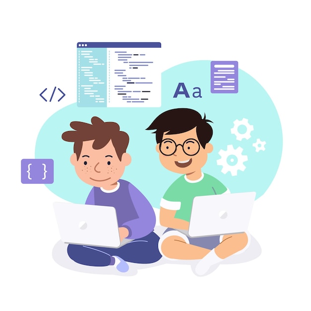 two boys with laptops learn to code programming vector illustration