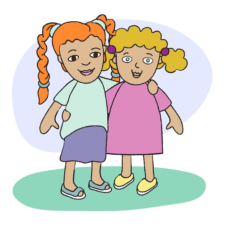 Vektor two girls friends hug each other. little girls. blondie and redhead schoolgirls