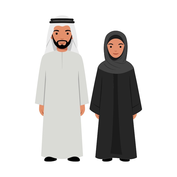 Two stylized characters in traditional attire standing together in a flat design showcasing cultural representation vector illustration