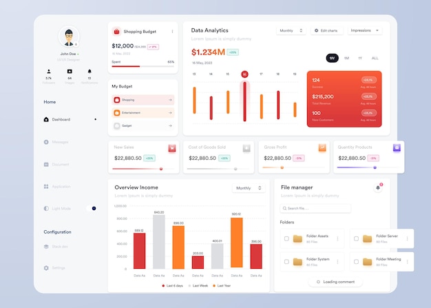 UI UX Infographic dashboard UI design with graphs charts and diagrams Web interface template