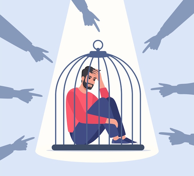 Unhappy male character locked in cage Fingers pointing on sad man
