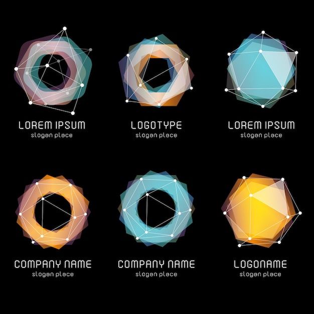 unusual abstract geometric shapes vector logo set polygonal colorful logotypes collection on the black background