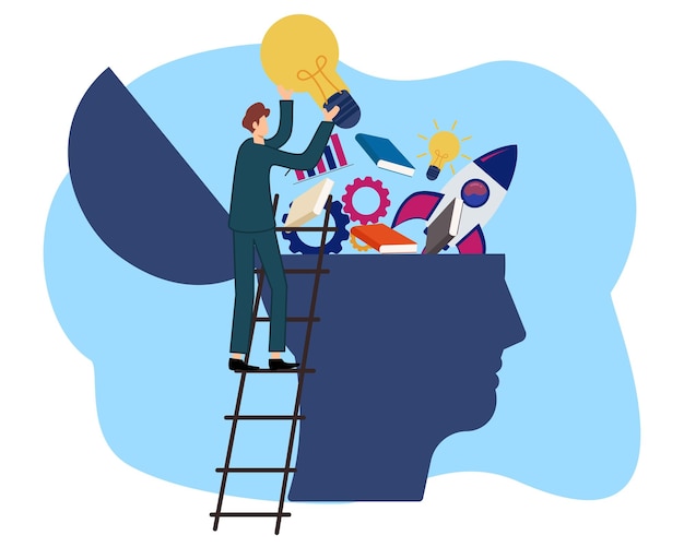 upskill or learn new things and knowledge development for new skill or man putting light bulb ideas