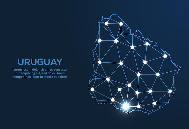 Uruguay communication network map Vector low poly image of a global map with lights in the form of cities Map in the form of a constellation mute and stars