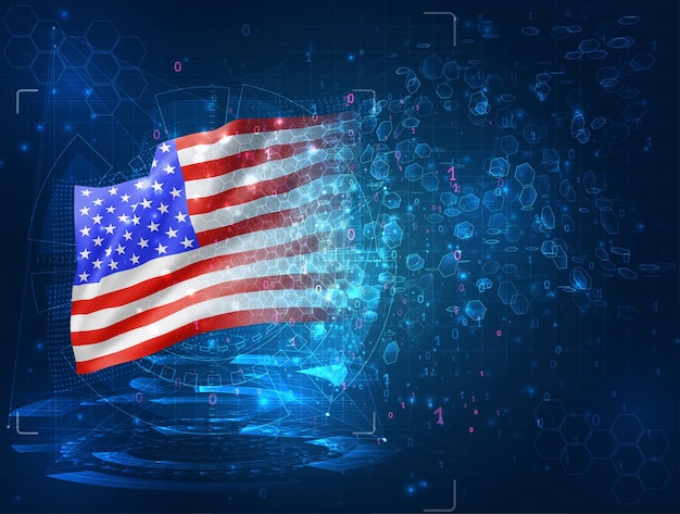 Usa, america, vector 3d flag on blue background with hud interfaces