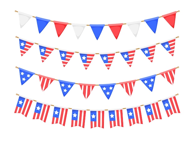 USA flag garlands set. US patriotic pennants chains collection. American party bunting decoration