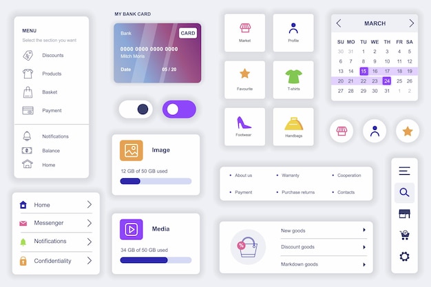 User interface elements set for shopping mobile app Kit template with HUD diagrams profile information credit card payment basket search products Pack of UI UX GUI screens Vector components