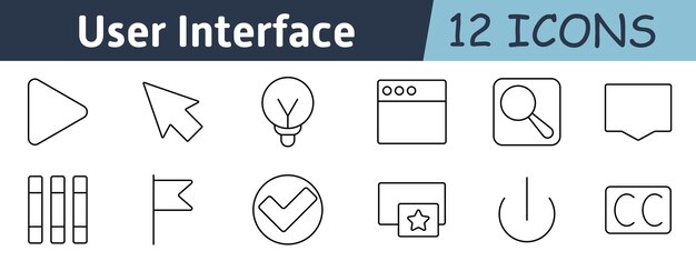 User interface set icon Play pointer light bulb browser magnifier message books flag checkmark card power button captions for functional controls
