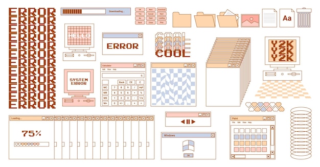 User Interface y2k stickers Retro icon browser buttons screen computer Delicate pastels vector