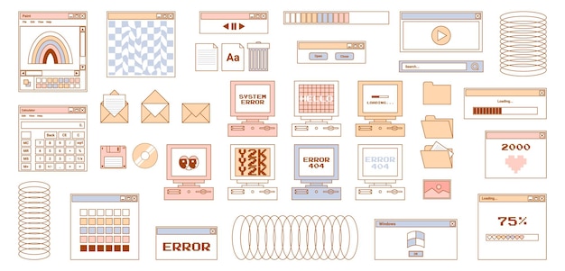 User Interface y2k stickers Retro icon browser buttons screen computer folder file document thumbnails loading progress bar notifications and more Delicate pastels vector illustration