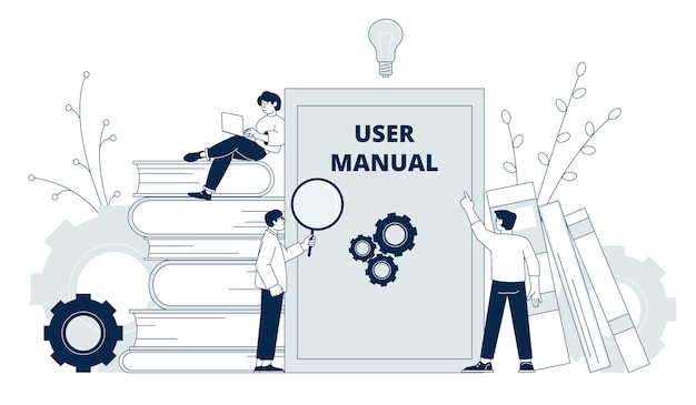user manual concept business guidebooks instruction workbook plan or project people looking at documentation management reference recent vector concept