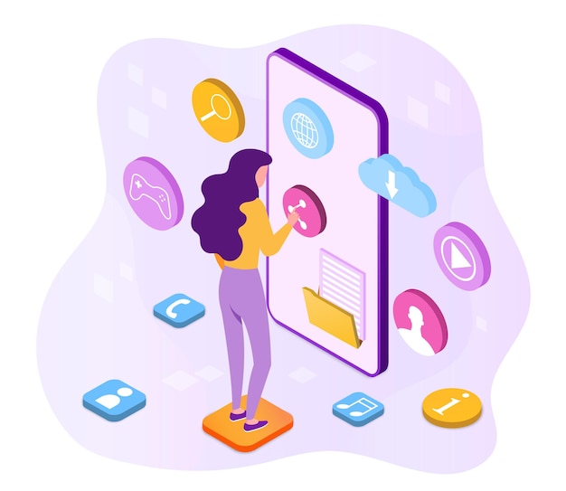 Ux ui design with text place for hero images woman assorting app icons in smartphone flat abstract