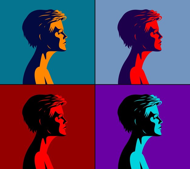 Vakker kvinnes profil satt i forskjellige farger vektor kunst.
