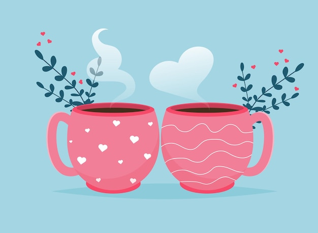 valentine card with coffee cups. love you banner. romantic holiday valentine day poster or greeting card.