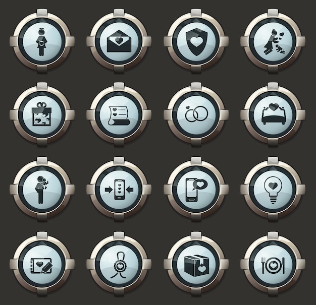 Valentine day vector icons in the stylish round buttons for mobile applications and web