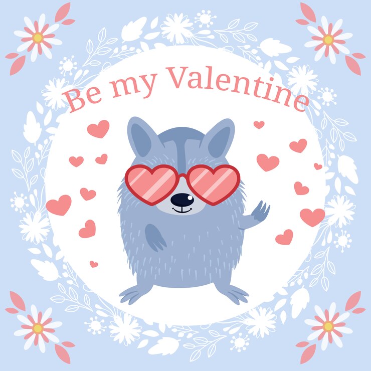 Valentine's Day Illustration with Racoon with Sunglasses and Wreath