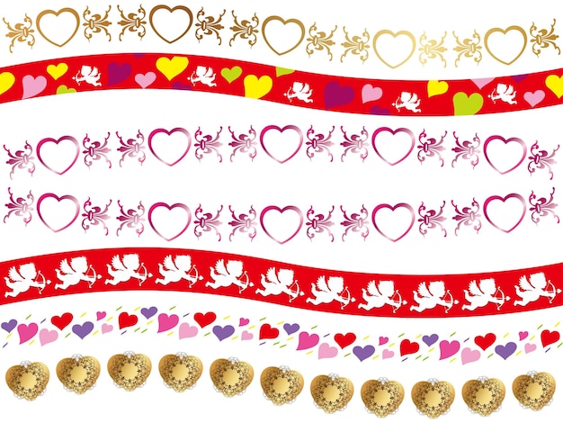 Valentines Day Seamless Vector Border Set Isolated On A White Background. Horizontally Repeatable.