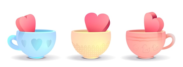 Variations cups with a heart inside in cartoon style Vector illustration All objects are isolated