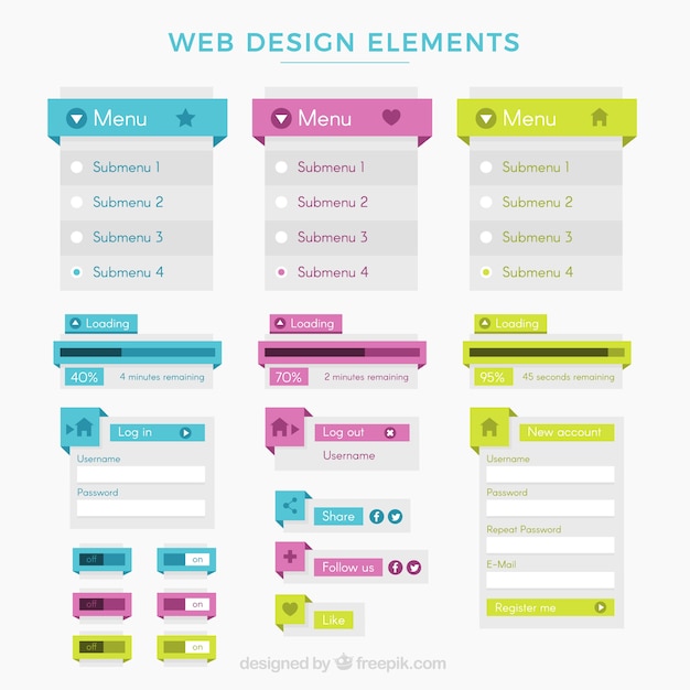 Variety of menu and web elements