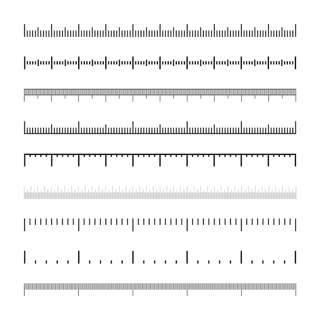 various measurement scales with divisions realistic scale for measuring length or height in centimeters millimeters or inches ruler tape measure marks size indicators vector illustration