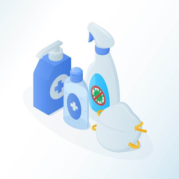 various set collections of sanitizer to prevent corona covid-19 with modern isometric style