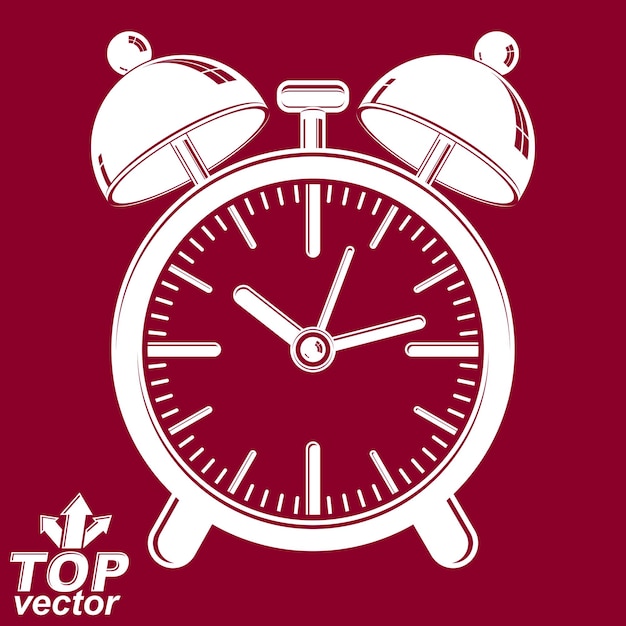 Vector 3d alarm clock with two symmetric bells, wake up conceptual icon. Graphic design element – get up theme. Red retro timer with clang bells, invert version.