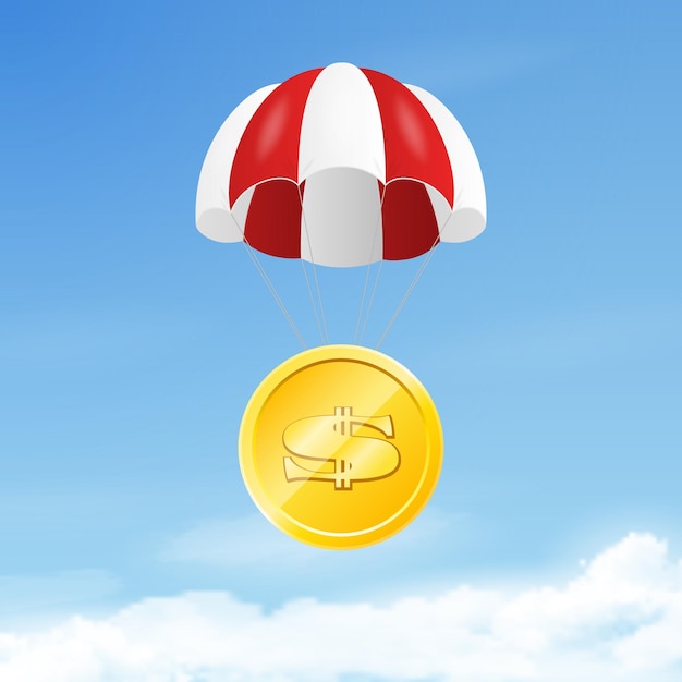 vector 3d realistic golden dollar coin cent with parachute in blue sky background rising price of dollar web banner of usa ccurrency finance digital money market