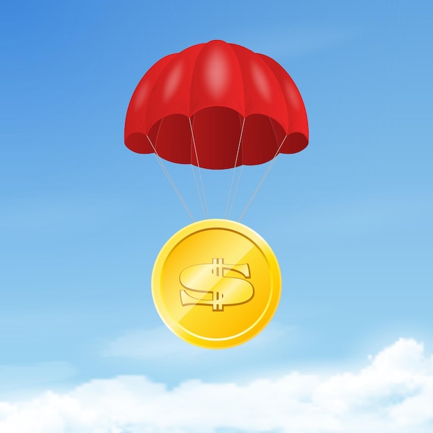 vector 3d realistic golden dollar coin cent with red parachute in blue sky background rising price of dollar web banner of usa ccurrency finance digital money market