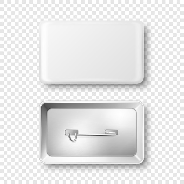 vector 3d realistic rectangular white metal plastic blank empty button badge icon isolated button pin badge glossy brooch pin top view front and back side template for branding mockup