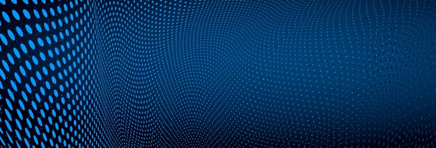 Vector abstract dark blue dotted background with dimensional perspective, technology and science theme, big data flow, geometric 3D design.