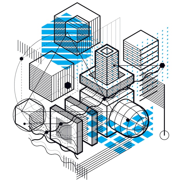 vector background with abstract isometric lines and figures. template made with cubes, hexagons, squares, rectangles and different abstract elements.