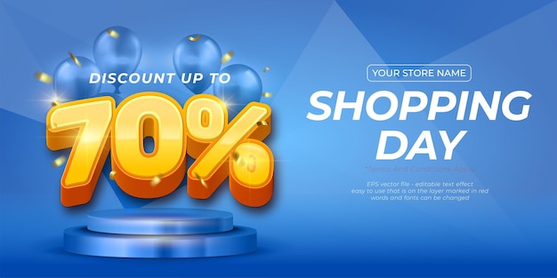 Vector banner shopping day vector up to 70 off template with 3D style editable text effect