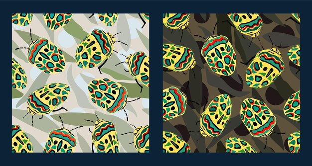 vector collection of seamless patterns with picasso bugs and leaves.