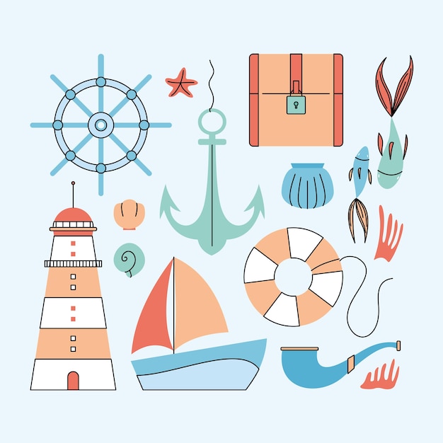 Vector colorful set of marine elements