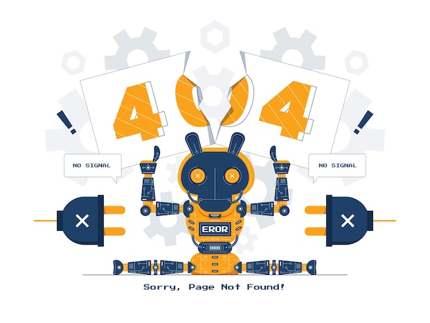 vector concept illustration robot with page not found 404 error flat cartoon style