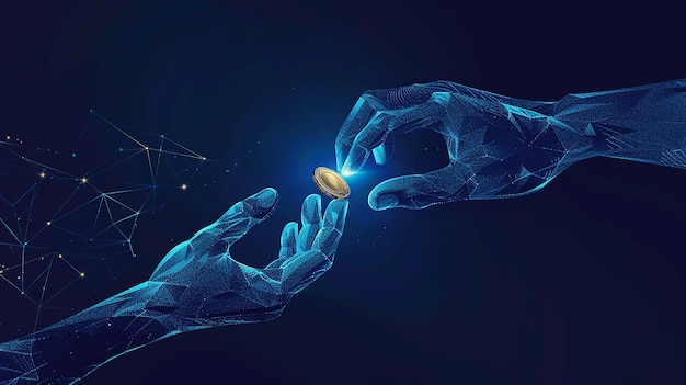 Vector digital 3d hands giving and receiving coin abstract vector illustration in dark blue