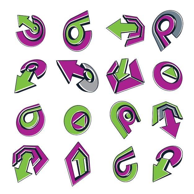 vector dimensional business and corporate graphic symbols collection. set of green and purple arrows and different simple design elements.