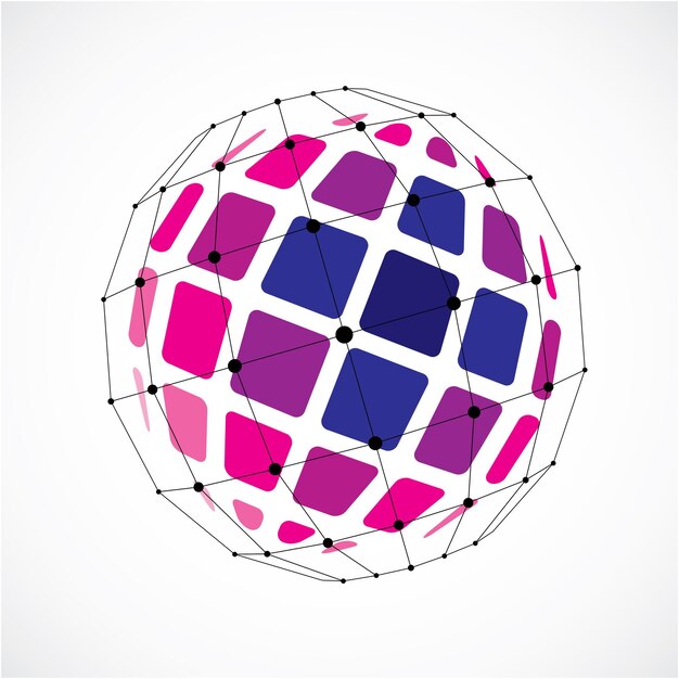 vector dimensional wireframe low poly object, spherical purple facet shape with black grid. technology 3d mesh element made using squares for use as design form in engineering.