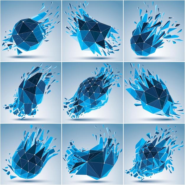 Vector dimensional wireframe luminescent objects collection with blue connected lines, demolished shapes with refractions and wreckage. Set of 3d mesh global technology elements broken into pieces.
